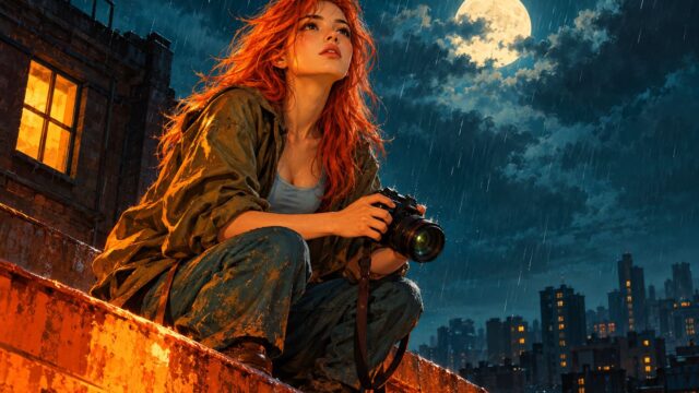 Young woman with orange hair sitting alone on a rainy rooftop at night, holding a DSLR camera and looking toward the full moon.