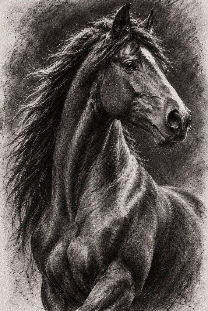 Realistic Charcoal Horse Drawing with Deep Shading