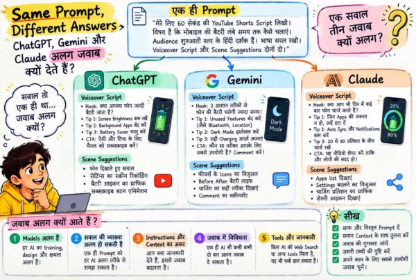 Same Prompt पर ChatGPT, Gemini और Claude के अलग जवाबों की तुलना दिखाता हिंदी handwritten infographic, जिसमें AI models, context, instructions और tools के प्रभाव को समझाया गया है।