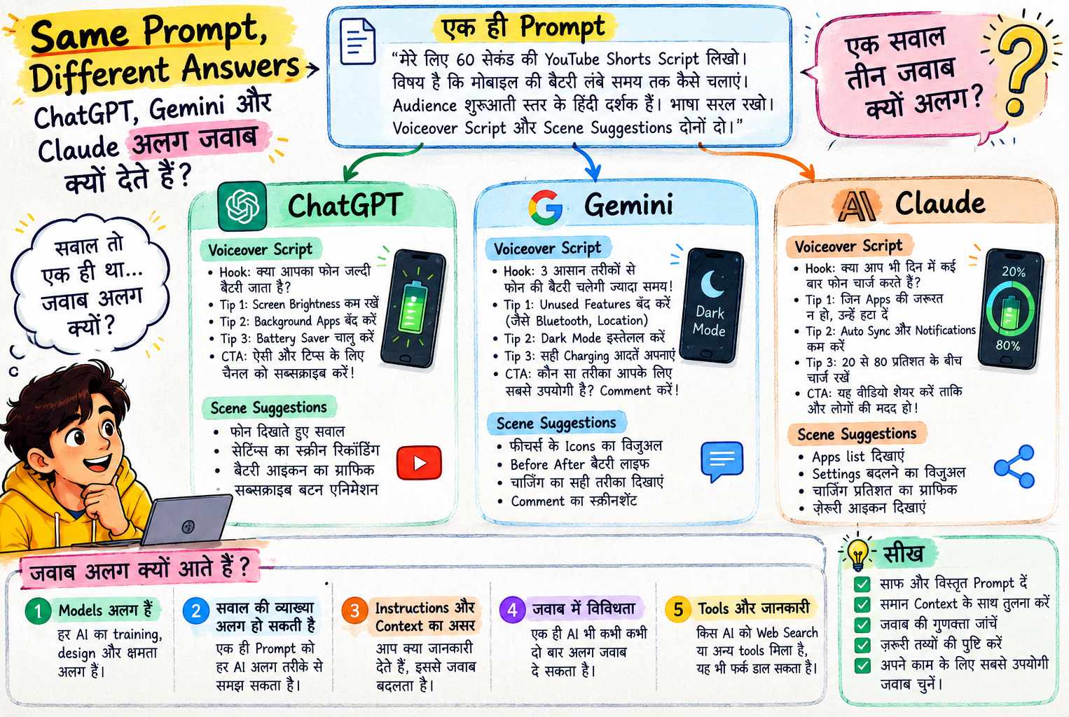Same Prompt पर ChatGPT, Gemini और Claude के अलग जवाबों की तुलना दिखाता हिंदी handwritten infographic, जिसमें AI models, context, instructions और tools के प्रभाव को समझाया गया है।
