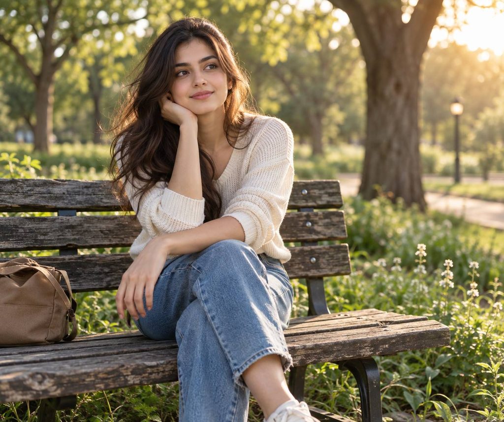 Young woman seated on a rustic wooden park bench