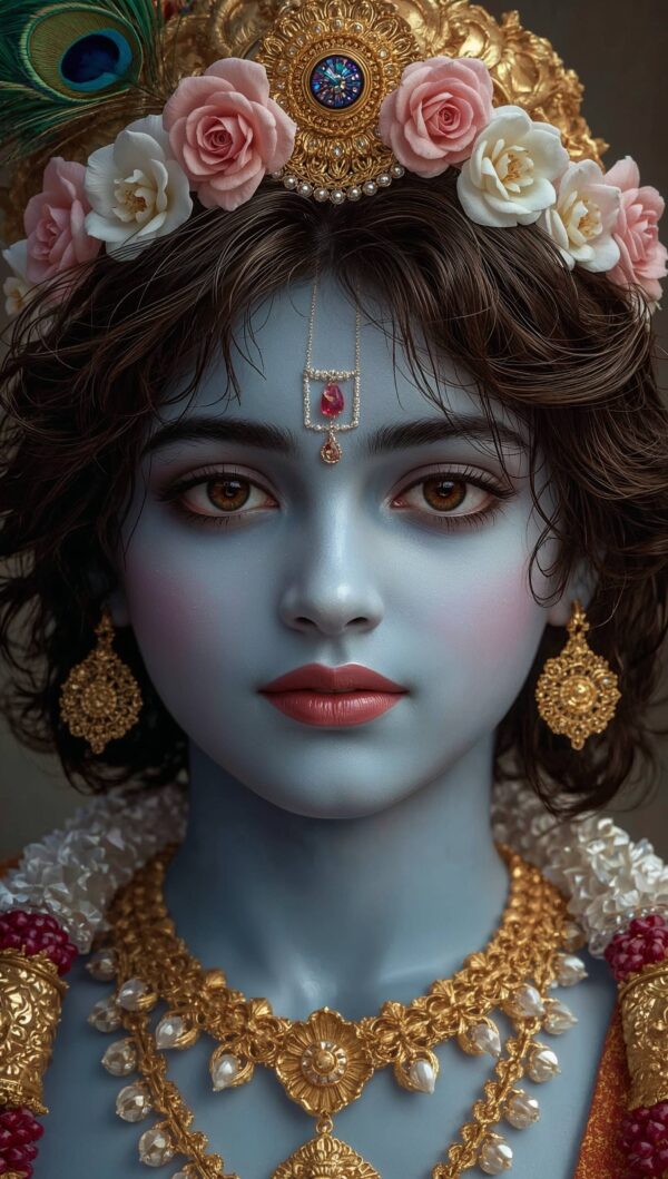 A detailed close-up portrait of young Lord Krishna’s upper body
