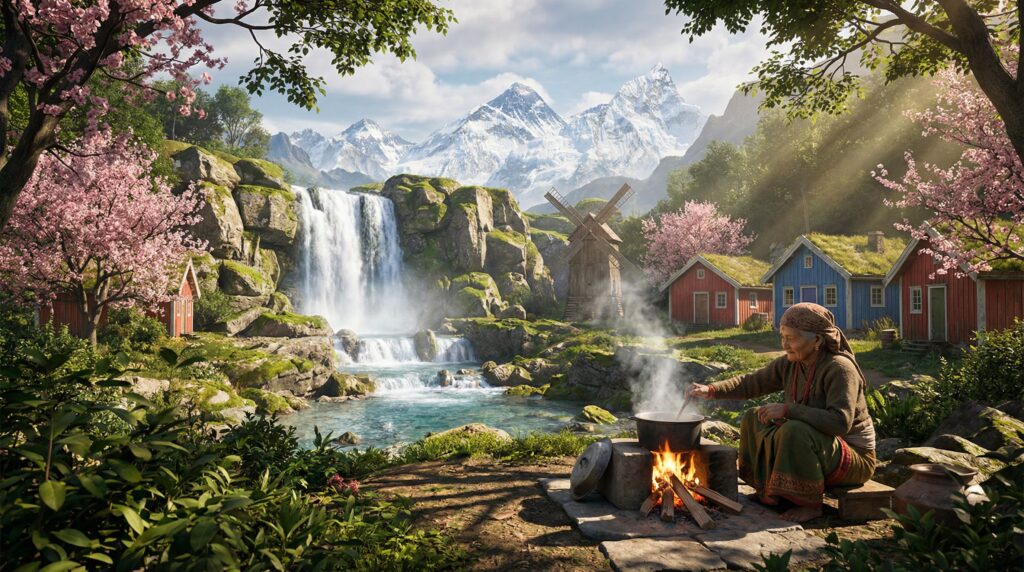 The scene features a lush environment with dense green trees mixed with vibrant pink cherry blossom trees.