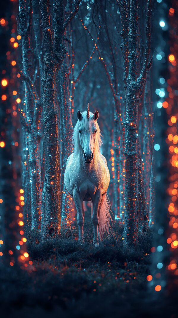 A majestic unicorn standing amidst the glowing foliage
