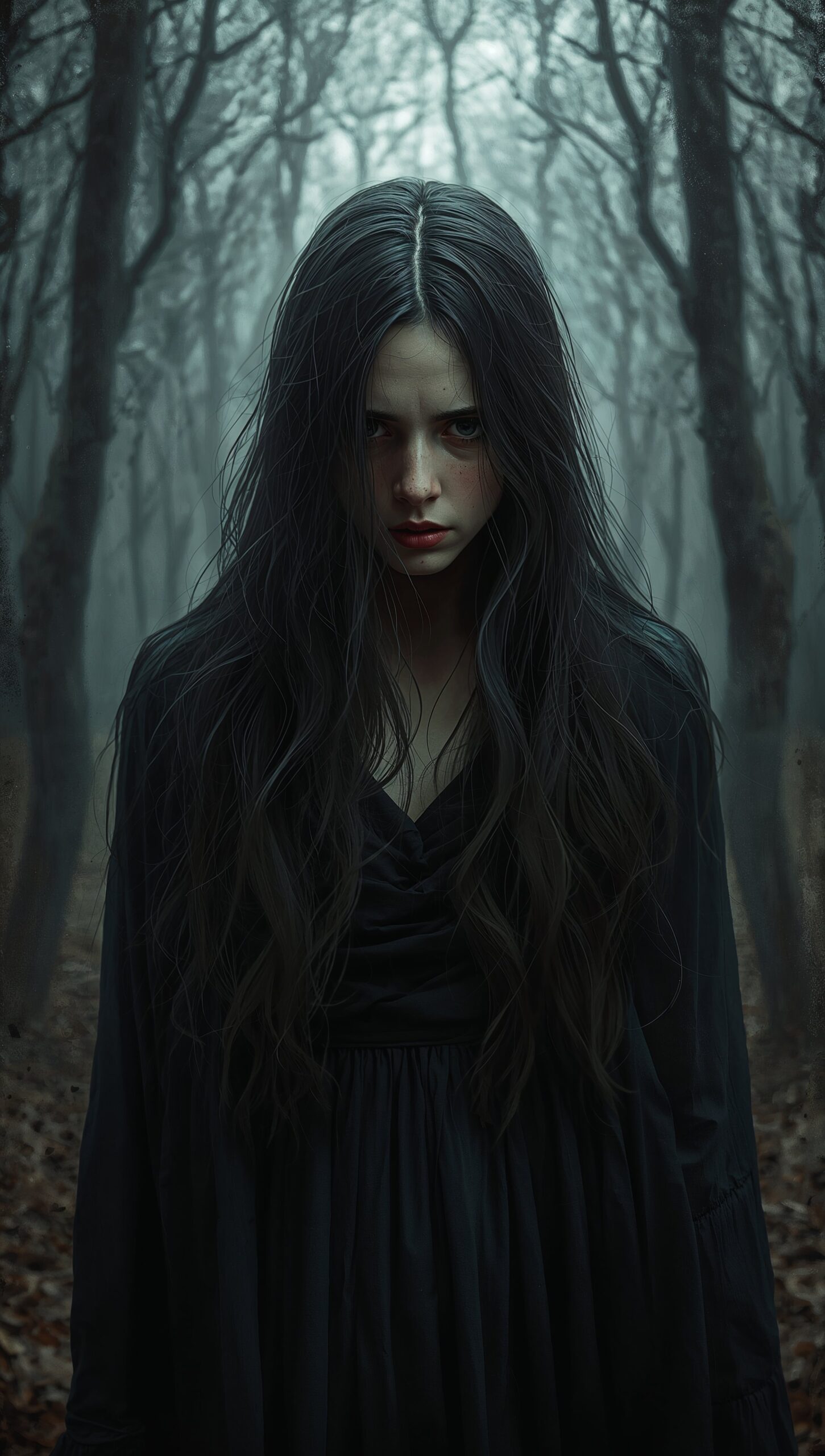A melancholy woman with long flowing hair