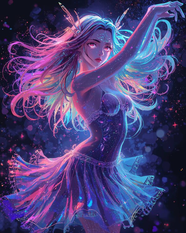 A shimmering outré nymph dances in a digital anime