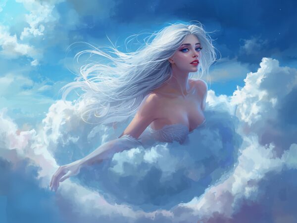 A siren with flowing silver hair and sapphire eyes emerges from a fluffy cloud