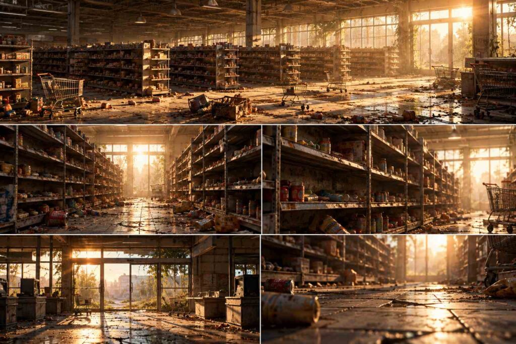 Photorealistic cinematic location reference sheet of an abandoned supermarket after a fictional apocalypse, showing a wide establishing view, central aisle, dusty shelves, entrance area, and floor-level perspective with cracked tiles, scattered groceries, rusty shopping carts, warm sunlight through large windows, and atmospheric haze.