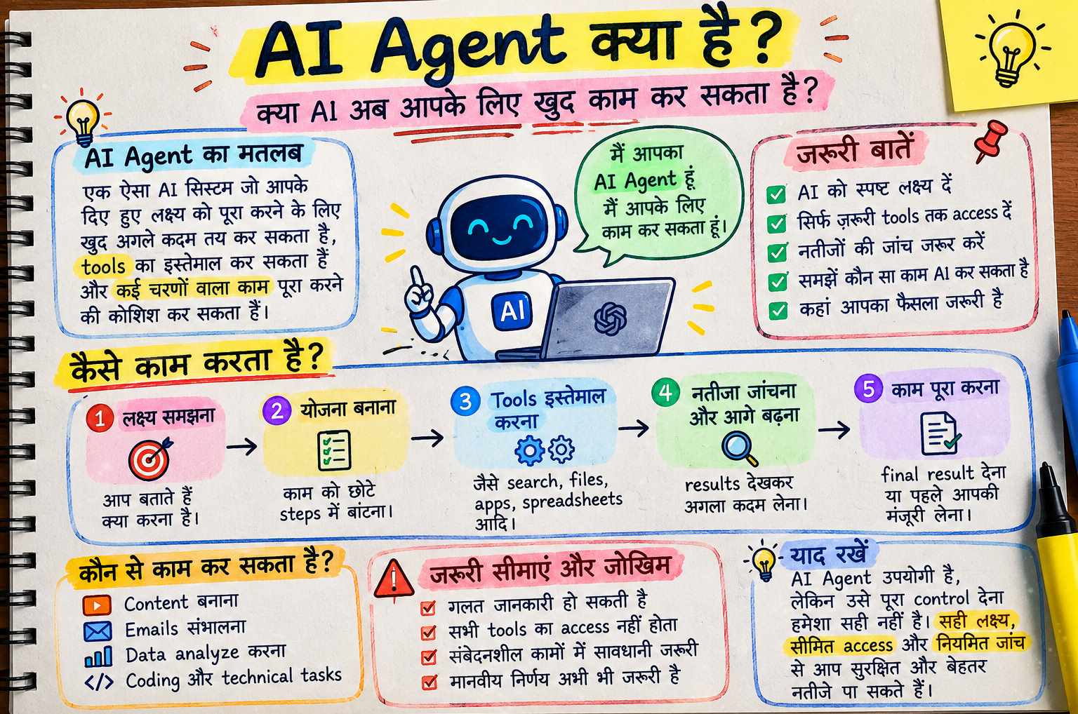 AI Agent क्या है, इसके काम करने का तरीका, 5 स्टेप्स, उपयोग, फायदे और जोखिम को समझाते हुए हिंदी में handwritten notes infographic.