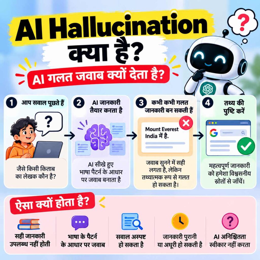 AI Hallucination का Diagram, जिसमें AI के गलत जवाब देने की प्रक्रिया, उसके कारण और जानकारी की पुष्टि करने का तरीका दिखाया गया है।