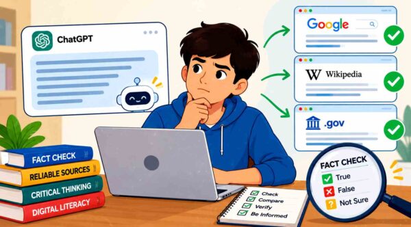 Student verifying AI generated information using reliable sources on a laptop