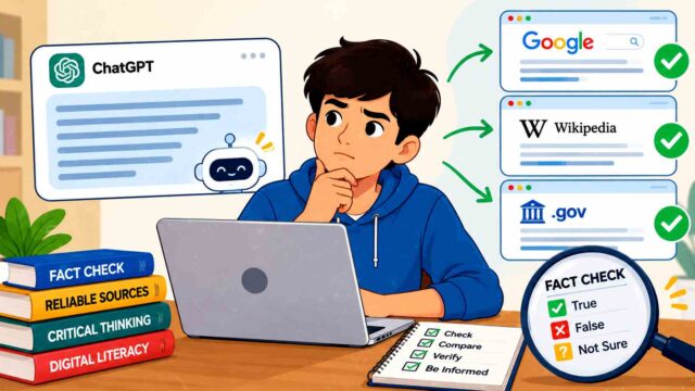 Student verifying AI generated information using reliable sources on a laptop