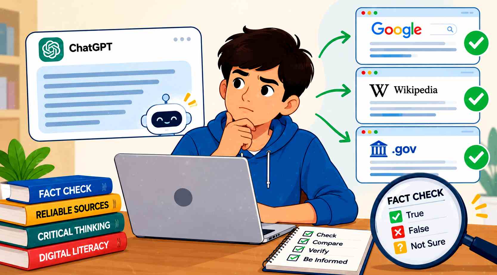 Student verifying AI generated information using reliable sources on a laptop
