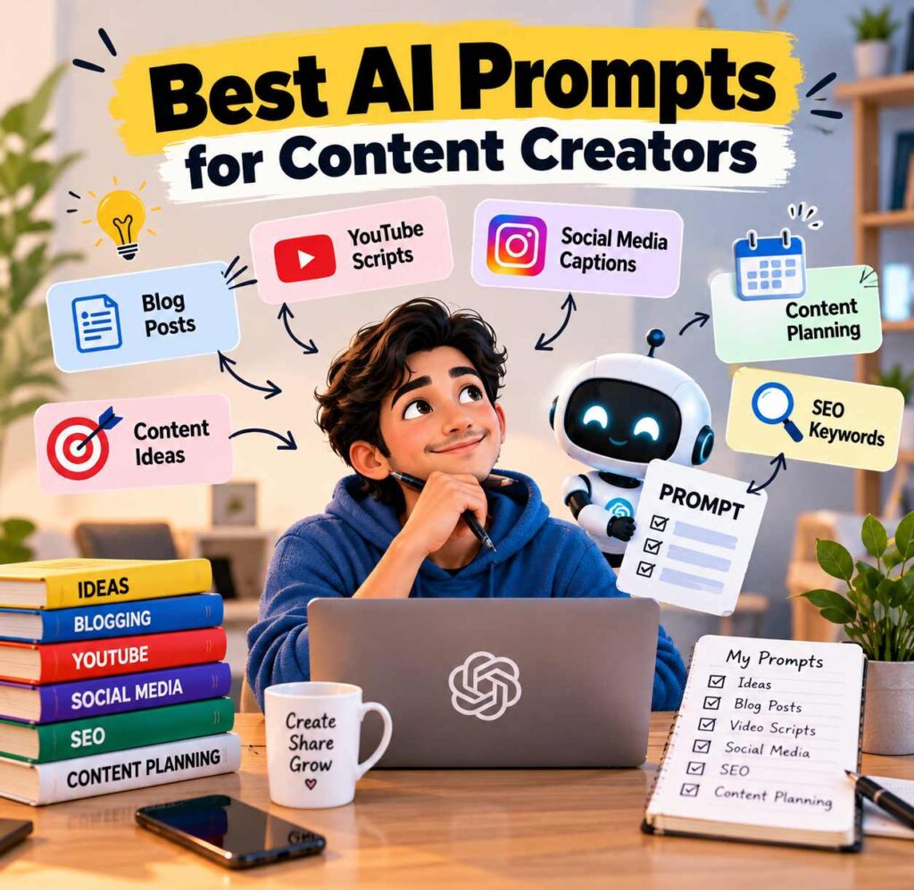 Best AI Prompts for Content Creators, ब्लॉगिंग, YouTube, SEO और Social Media Content बनाने के लिए।