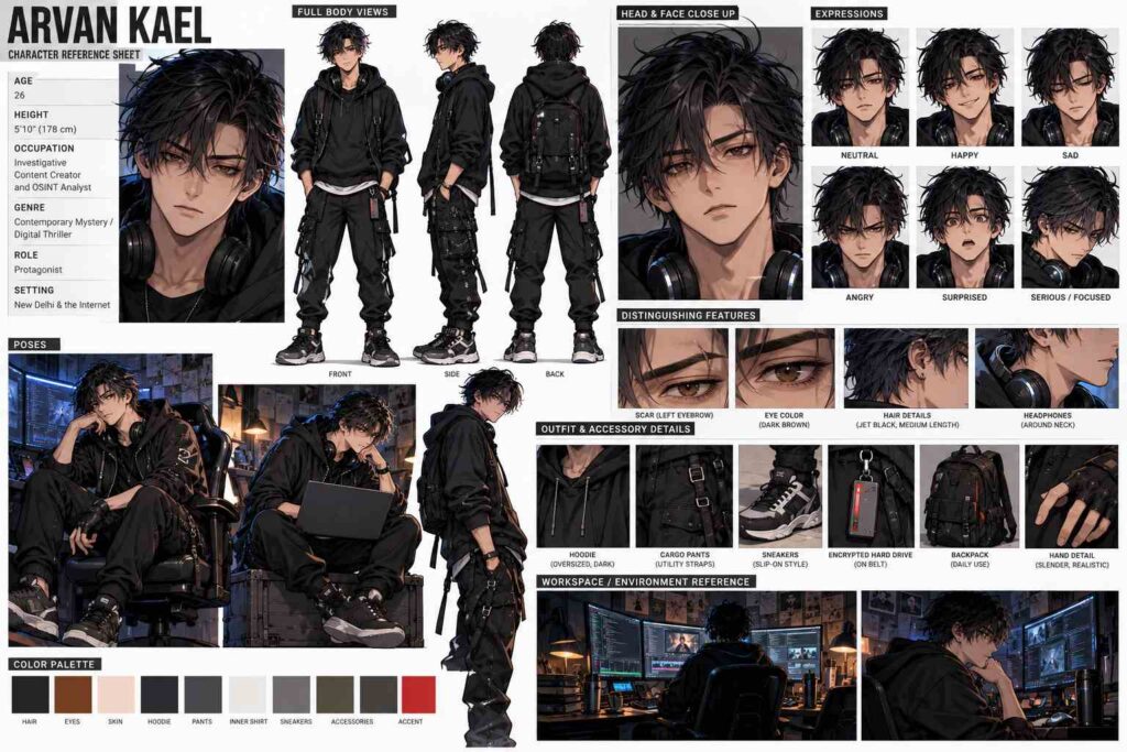 rvan Kael anime character reference sheet featuring a 26-year-old investigative content creator and OSINT analyst with messy jet-black hair, tired dark brown eyes, a scar on his left eyebrow, black techwear clothing, headphones, and an encrypted hard drive. Includes front, side and back views, five facial expressions, character poses, accessory details, color palette, and a multi-monitor investigative workspace in a cinematic digital thriller style.