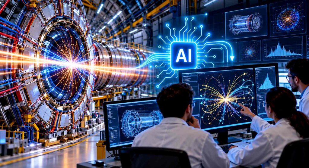 CERN और Mistral AI के वैज्ञानिक शोध मॉडल को दर्शाता चित्र, जिसमें AI की मदद से particle collision data का विश्लेषण किया जा रहा है।