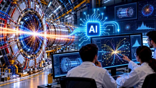 CERN और Mistral AI के वैज्ञानिक शोध मॉडल को दर्शाता चित्र, जिसमें AI की मदद से particle collision data का विश्लेषण किया जा रहा है।