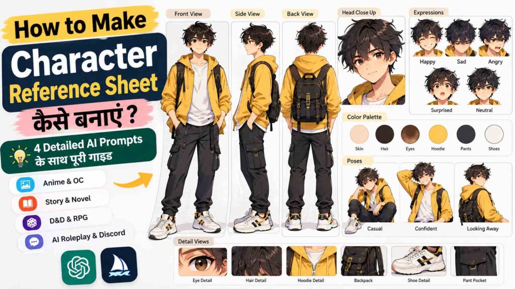 Character Reference Sheet कैसे बनाएं, Anime कैरेक्टर के अलग अलग व्यू और AI Prompts की गाइड