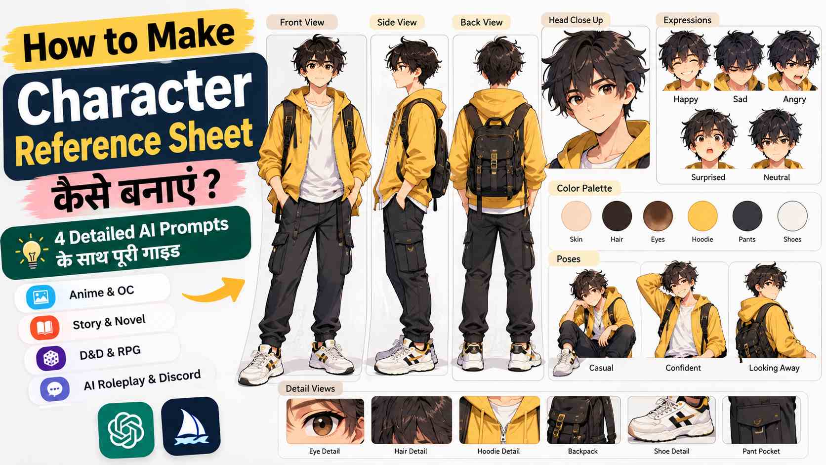 Character Reference Sheet कैसे बनाएं, Anime कैरेक्टर के अलग अलग व्यू और AI Prompts की गाइड