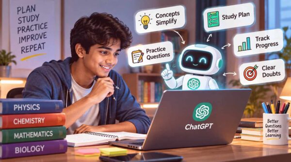 Indian student using ChatGPT for smarter studying, understanding difficult concepts, practicing questions, and creating a study plan.