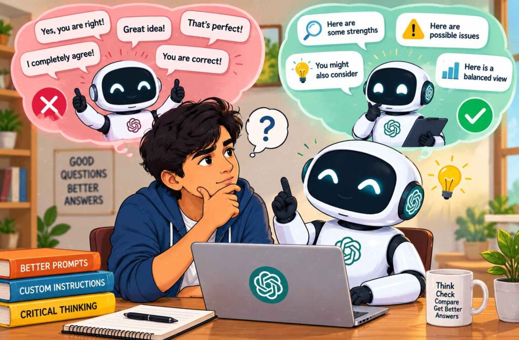 2D कार्टून चित्र में एक छात्र ChatGPT से निष्पक्ष सलाह लेना सीख रहा है, जहाँ AI केवल सहमत होने के बजाय अच्छे और कमज़ोर पहलुओं को समझाता है।