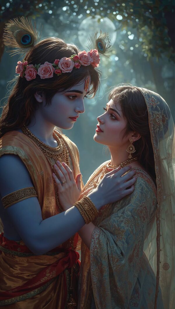 Deep love and devotion during the Raas Leela between young Lord Krishna and Radha