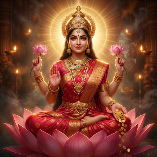 Divine portrait of Goddess Lakshmi sitting on a fully bloomed pink lotus
