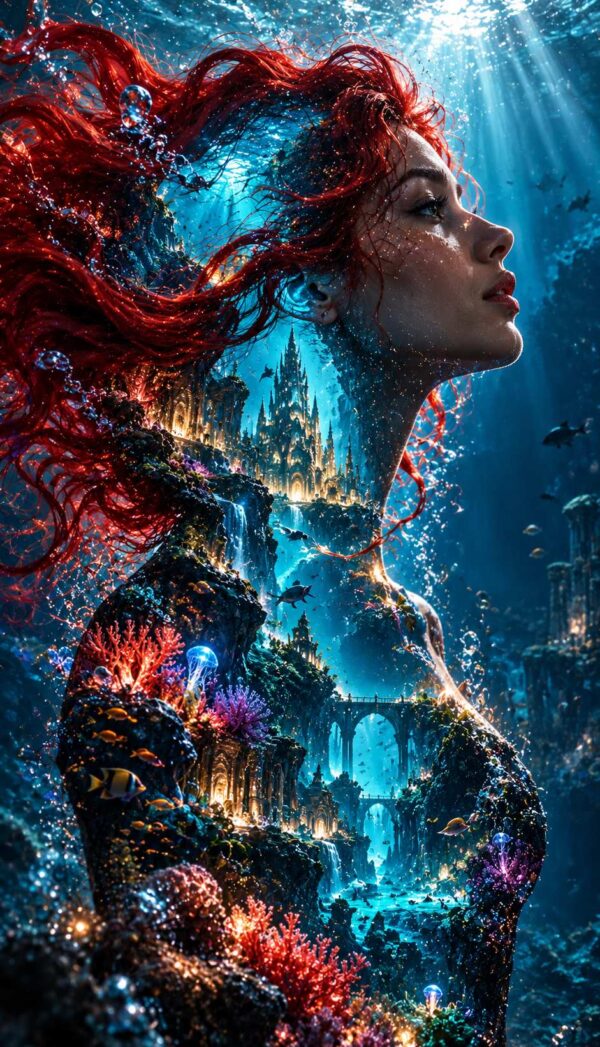 रूबी लाल बालों वाली महिला की silhouette में चमकता Atlantis महल और bioluminescent coral reefs