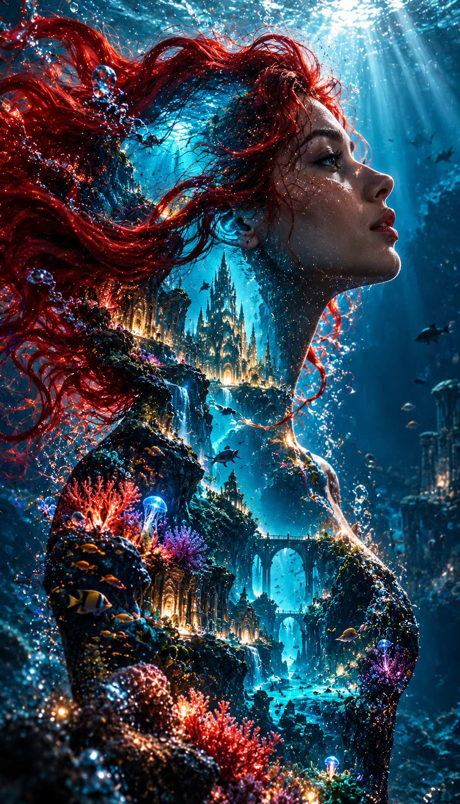 रूबी लाल बालों वाली महिला की silhouette में चमकता Atlantis महल और bioluminescent coral reefs