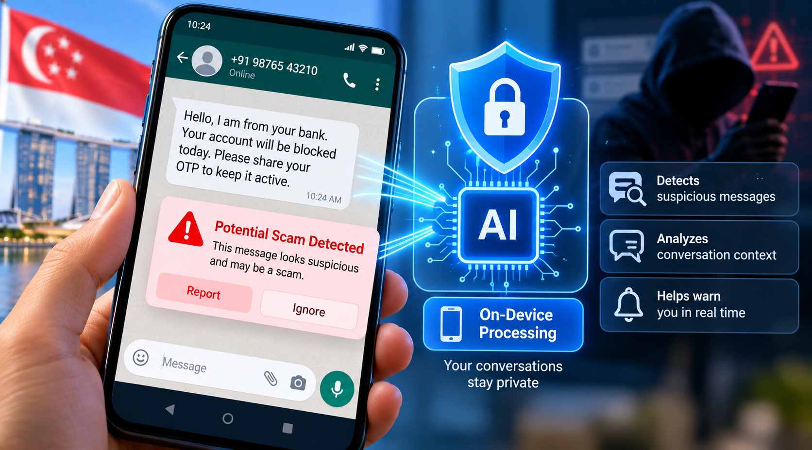 Google DeepMind और Singapore का AI Scam Detector स्मार्टफोन पर संदिग्ध संदेश पहचानते हुए।