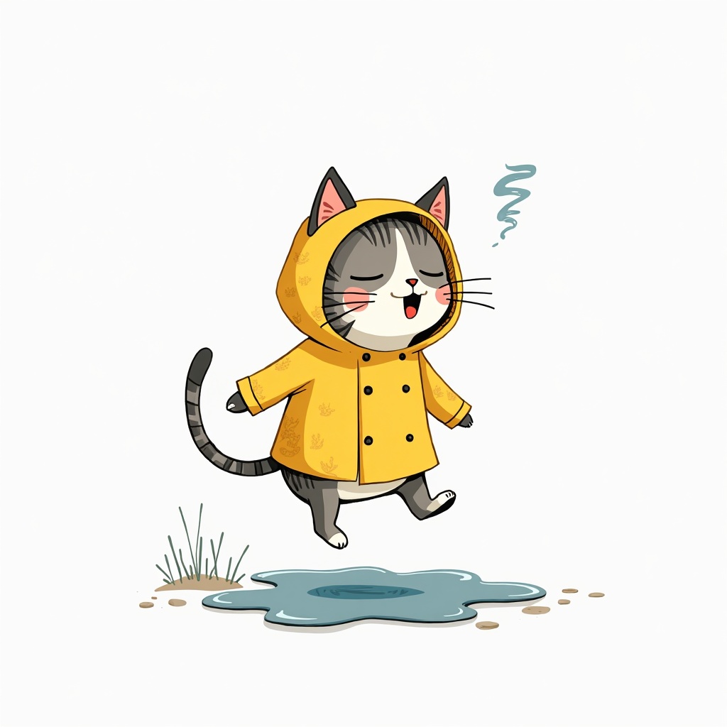 illustration of a sleepy cat wearing a yellow raincoat