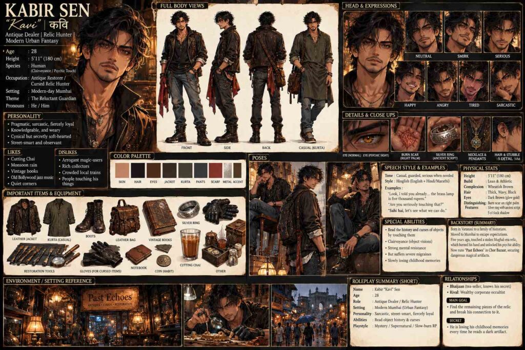 Kabir "Kavi" Sen character reference sheet featuring a 28-year-old Indian antique restorer and cursed relic hunter in modern Mumbai. He has a wheatish-brown complexion, messy wavy black hair, dark brown eyes that glow gold during psychic visions, a five o'clock shadow, a burn scar on his right palm, and a silver ring engraved with ancient script. The semi-realistic webtoon-style sheet includes full-body front, side and back views, facial expressions, clothing details, magical abilities, antique restoration tools, cutting chai, the Past Echoes antique shop, backstory, relationships, and urban fantasy roleplay details.