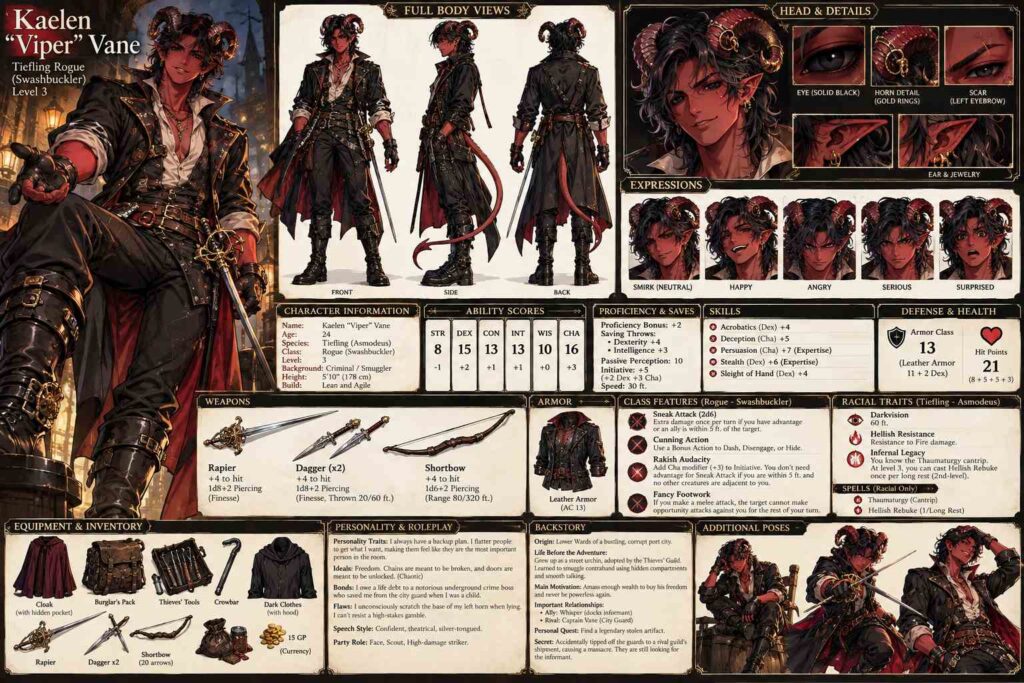 Kaelen "Viper" Vane Dungeons & Dragons 5e character reference sheet featuring a level 3 Tiefling Rogue Swashbuckler with crimson skin, backward-sweeping ram horns adorned with gold rings, solid black eyes, a dark leather coat, and a rapier. Includes full-body front, side and back views, facial expressions, ability scores, combat statistics, racial traits, weapons, equipment, personality, backstory, and roleplaying details in a dark fantasy art style.