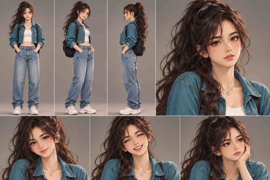 Meera cinematic character reference sheet featuring full body front view, three-quarter view, side profile, close-up portrait, and three facial expressions in 2D anime style, with long wavy dark brown hair in a high ponytail and a teal cropped denim jacket.