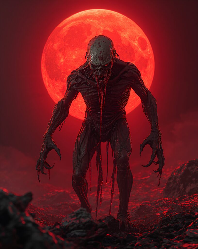 mutated figure looms over the desolate landscape of a horror bizarre lunar colony