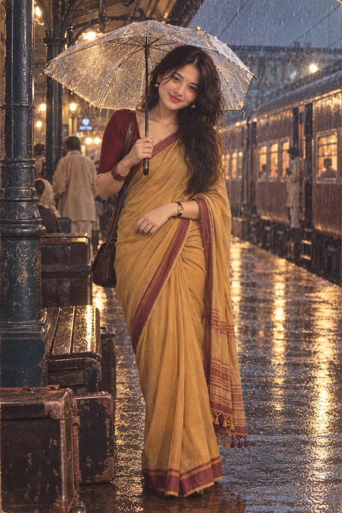 portrait of an Indian woman during a rainy 1980s monsoon
