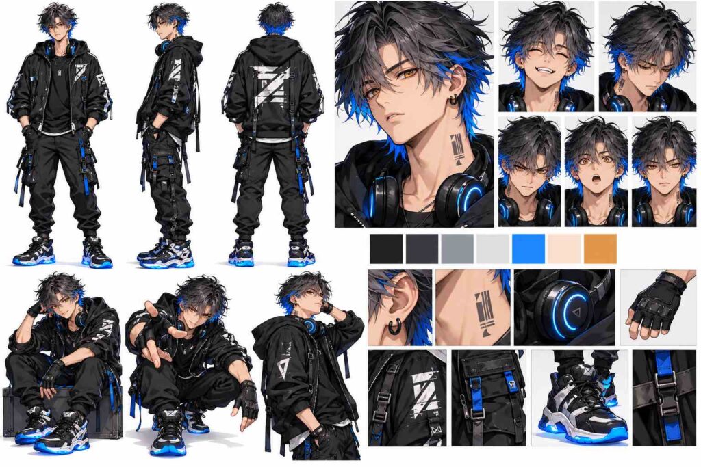 Zane anime character reference sheet featuring front, side and back views, five facial expressions, dynamic poses, dark ash-grey hair with neon blue tips, amber eyes, black techwear outfit, and detailed accessories in a cel-shaded anime style.
